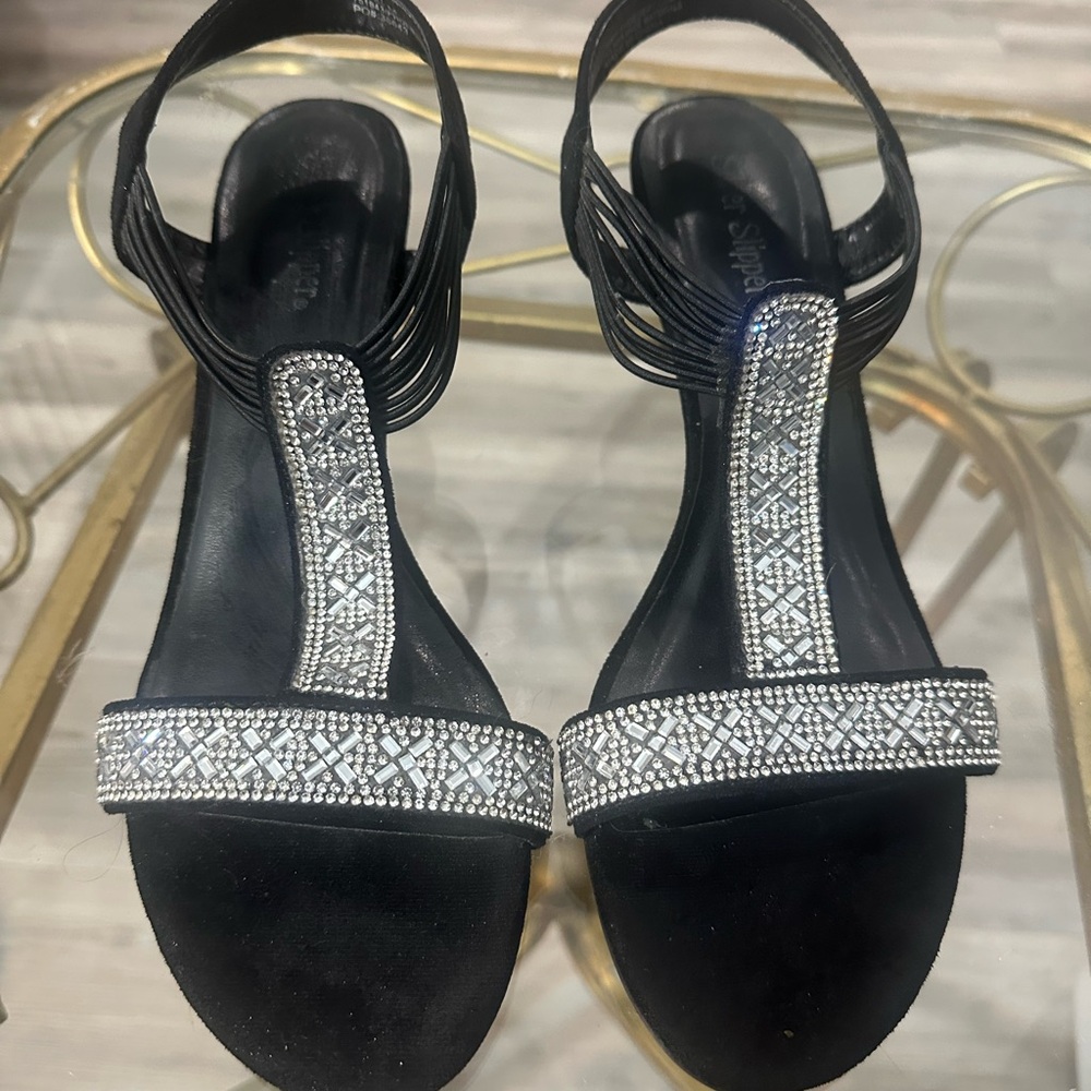 Black Crystal T-Strap Women's Sandals